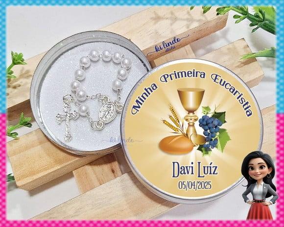 Lembrancinha de Primeira Eucaristia Mini Terço na Latinha