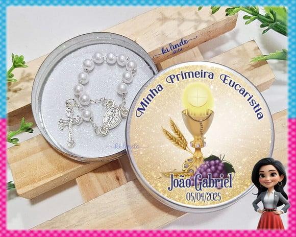 Lembrancinha de Primeira Eucaristia Mini Terço na Latinha