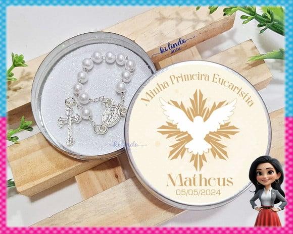 Lembrancinha de Primeira Eucaristia Mini Terço na Latinha