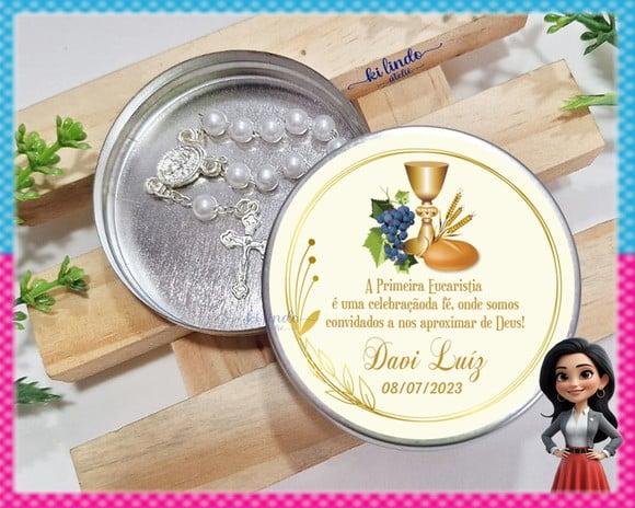 Lembrancinha de Primeira Eucaristia Mini Terço na Latinha