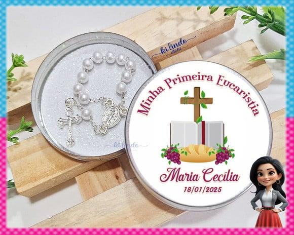 Lembrancinha de Primeira Eucaristia Mini Terço na Latinha