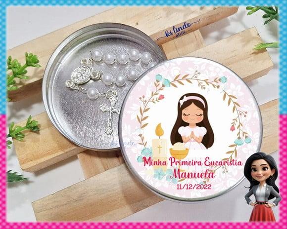 Mini Terço na Latinha Lembrancinha de Primeira Eucaristia
