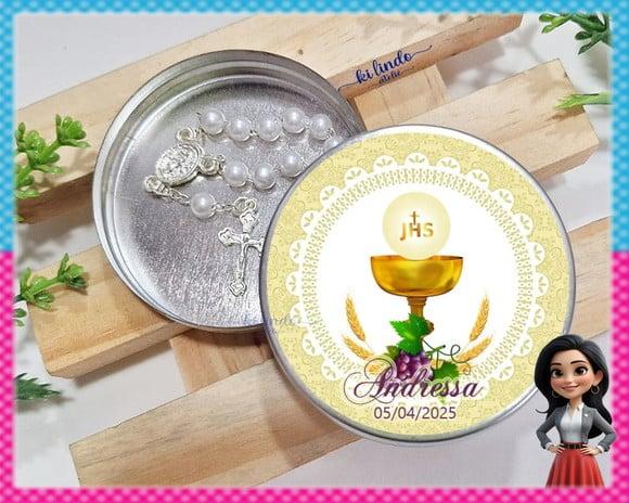 Mini Terço na Latinha Lembrancinha de Primeira Eucaristia
