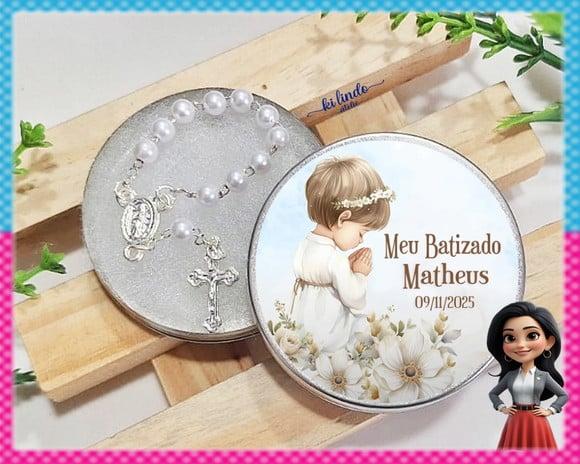Mini Terço na Latinha Personalizada Batizado