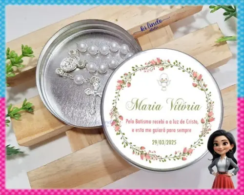 Lembrancinha de Batizado Mini Terço na Latinha