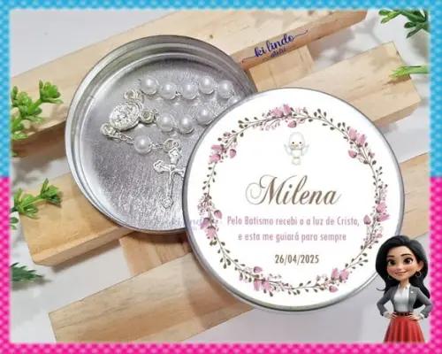 Lembrancinha de Batizado Mini Terço na Latinha