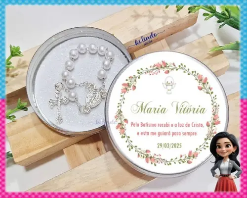 Lembrancinha de Batizado Mini Terço na Latinha