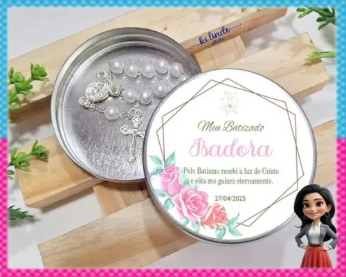 Lembrancinha de Batizado Mini Terço na Latinha