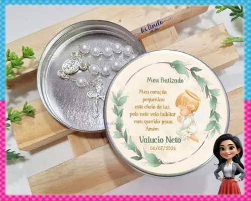 Lembrancinha de Batizado Mini Terço na Latinha