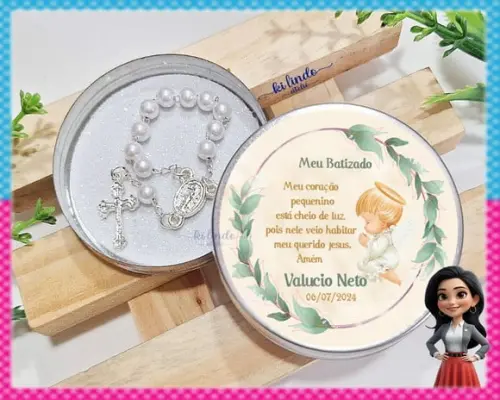 Lembrancinha de Batizado Mini Terço na Latinha