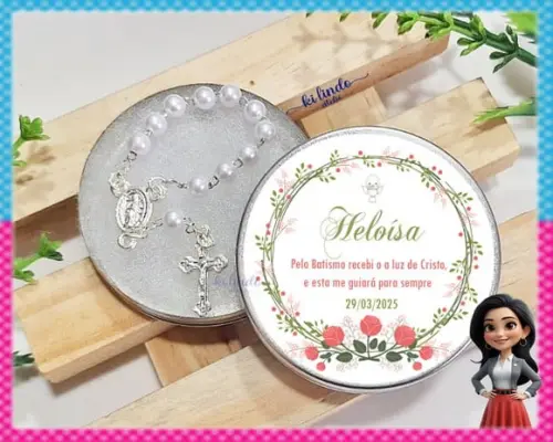 Lembrancinha de Batizado Mini Terço na Latinha Personalizada