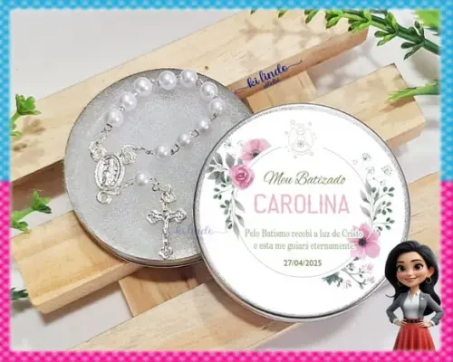Lembrancinha de Batizado Terço na Latinha Personalizada