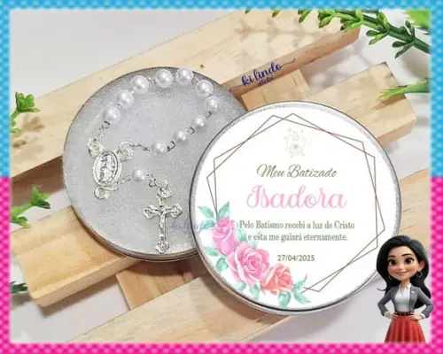 Lembrancinha de Batizado Mini Terço na Latinha Personalizada