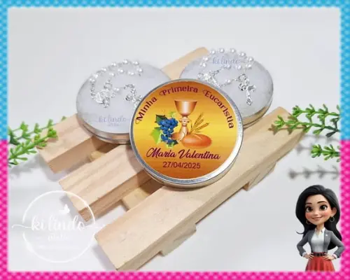 Lembrancinha de Primeira Comunhão Mini Terço na Latinha