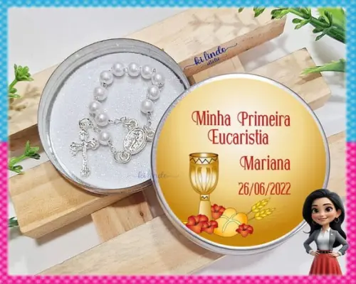 Lembrancinha de Primeira Eucaristia Mini Terço na Latinha