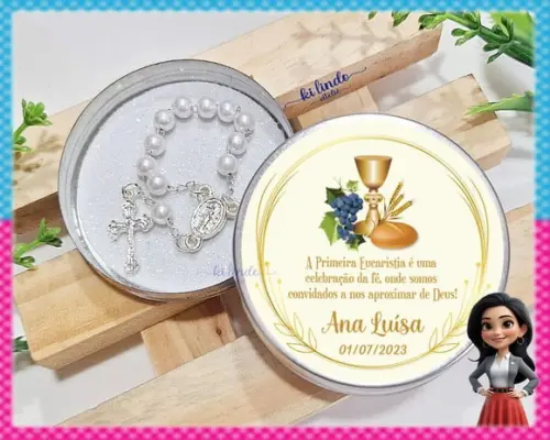 Lembrancinha de Primeira Eucaristia Mini Terço na Latinha