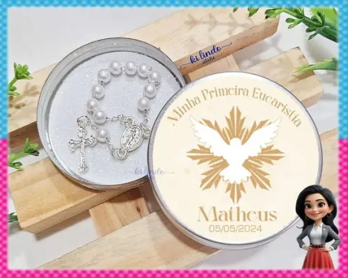Lembrancinha de Primeira Eucaristia Mini Terço na Latinha