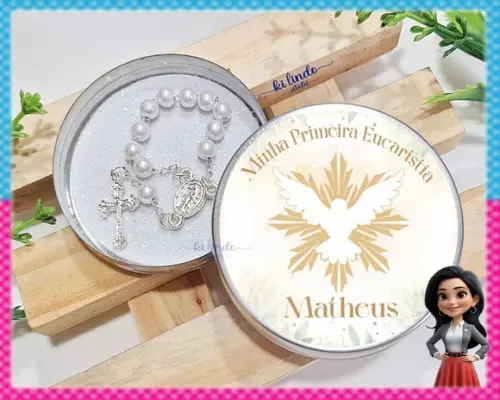 Lembrancinha de Primeira Eucaristia Mini Terço na Latinha