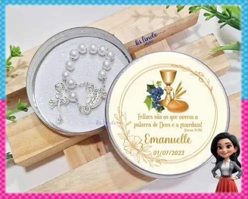 Lembrancinha de Primeira Eucaristia Mini Terço na Latinha