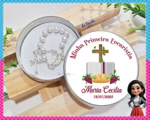 Lembrancinha de Primeira Eucaristia Mini Terço na Latinha