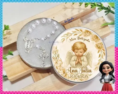 Mini Terço na Latinha Lembrancinha de Batismo