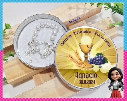 Mini Terço na Latinha Lembrancinha de Primeira Comunhão