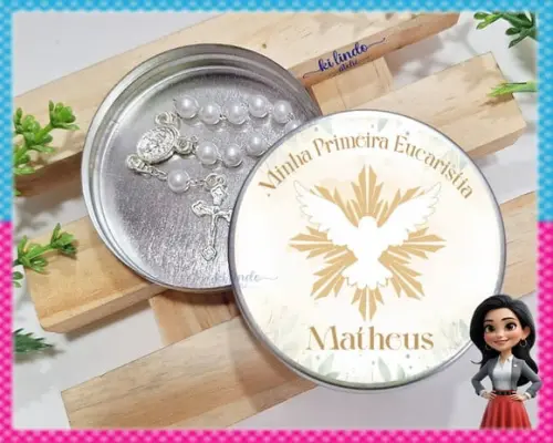 Mini Terço na Latinha Lembrancinha de Primeira Eucaristia