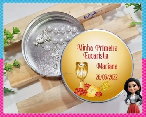 Mini Terço na Latinha Lembrancinha de Primeira Eucaristia