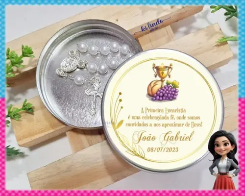 Mini Terço na Latinha Lembrancinha de Primeira Eucaristia