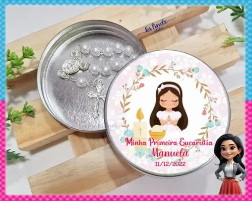 Mini Terço na Latinha Lembrancinha de Primeira Eucaristia