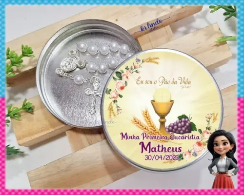 Mini Terço na Latinha Lembrancinha de Primeira Eucaristia