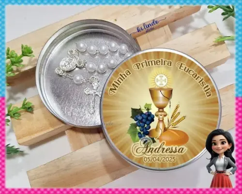 Mini Terço na Latinha Lembrancinha de Primeira Eucaristia