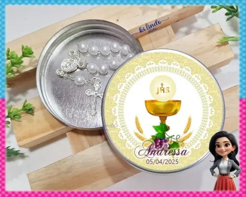 Mini Terço na Latinha Lembrancinha de Primeira Eucaristia