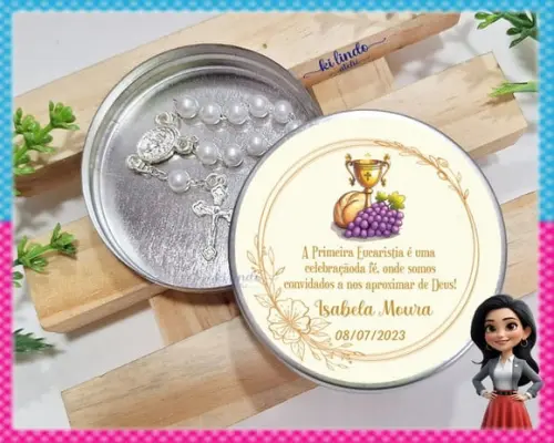Mini Terço na Latinha Lembrancinha de Primeira Eucaristia