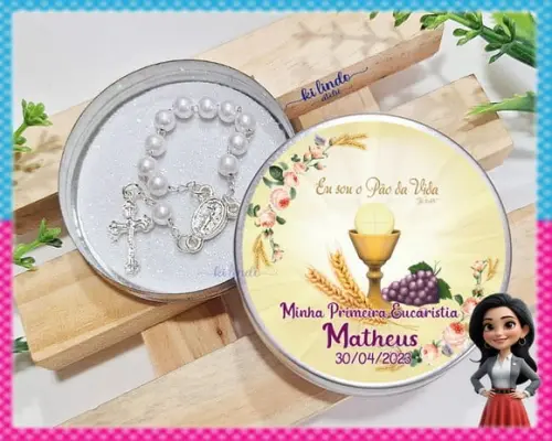 Mini Terço na Latinha Lembrancinha de Primeira Eucaristia