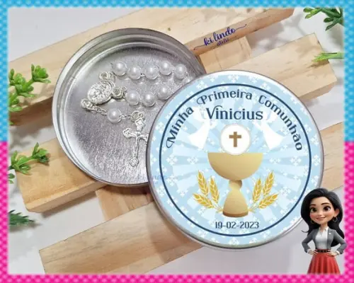 Mini Terço na Latinha Lembrancinha de Primeira Eucaristia