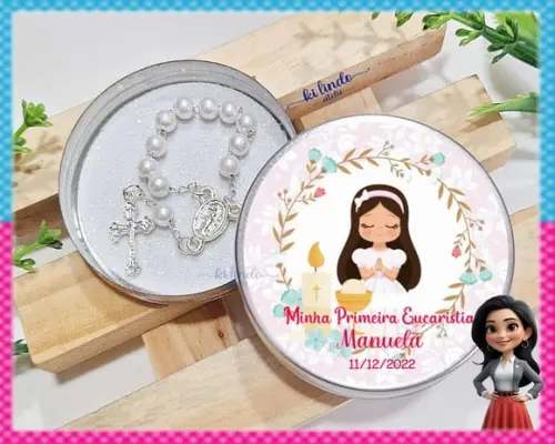 Mini Terço na Latinha Lembrancinha de Primeira Eucaristia