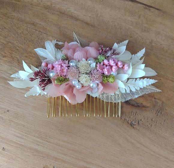 Pente Decorado com Flores Secas - Rosa com Marsala