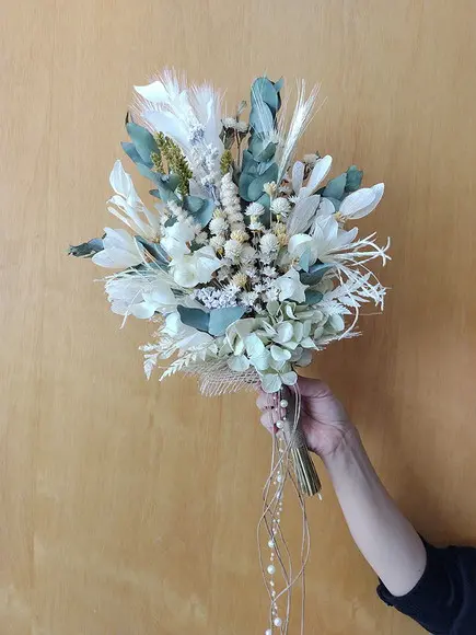 Buque de Noiva com Flores Secas - Verde e Branco