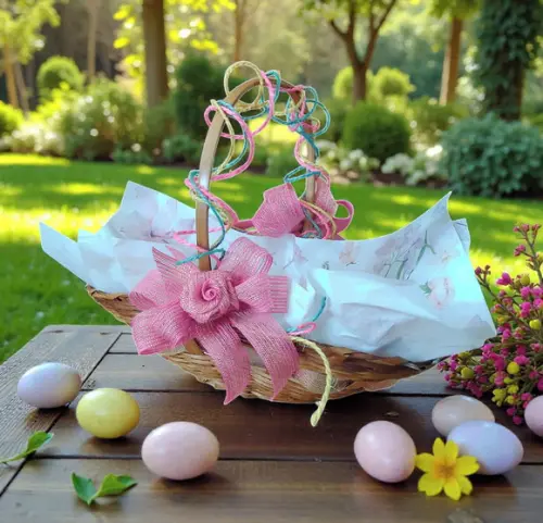 Cesta Decorada com Laço Rosa