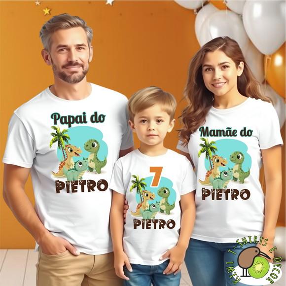 Camiseta Personalizada Aniversário Dinossauro Familia Kit 3