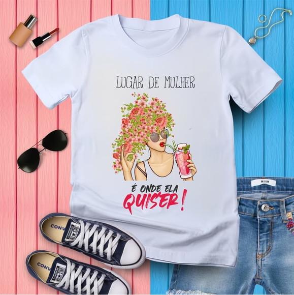 Camiseta Feminina Floral Frase Lugar de Mulher