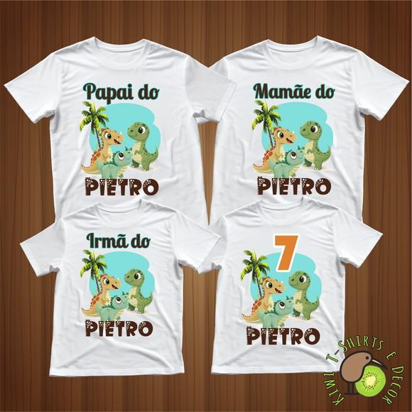 Camiseta Aniversário Dinossauro Gola Punho 100% Poliéster