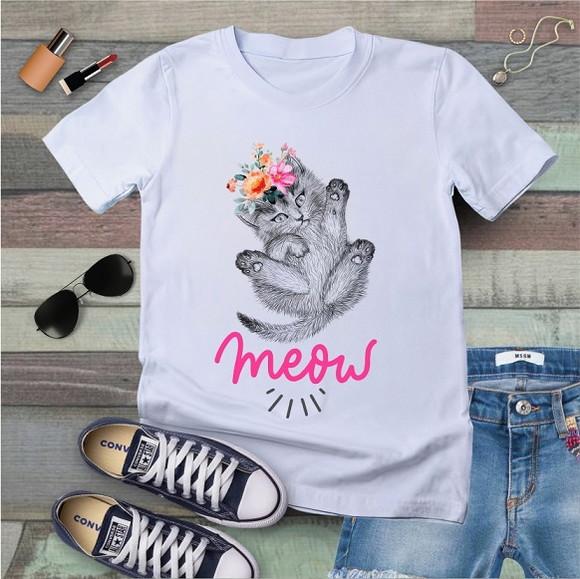 Camiseta Gato Meow Amo Gato Mãe de Gato Feminina