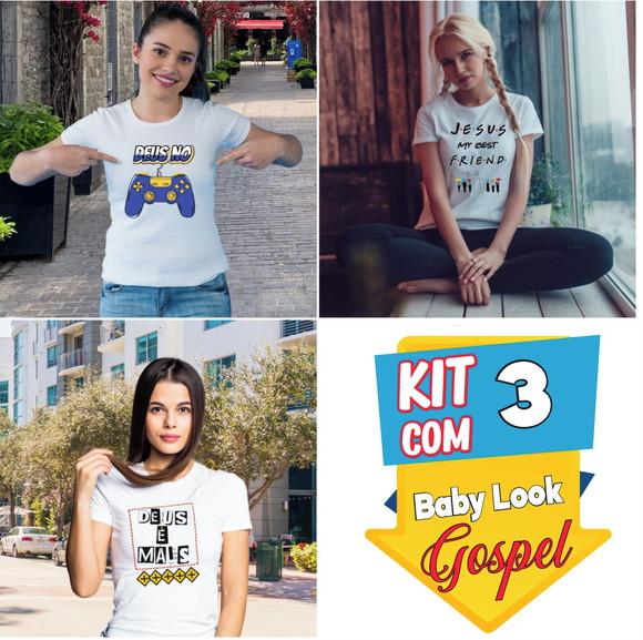 Camiseta Feminina Baby Look Kit com 3