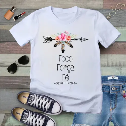 Camiseta Foco Força Fé Feminina Floral Frase