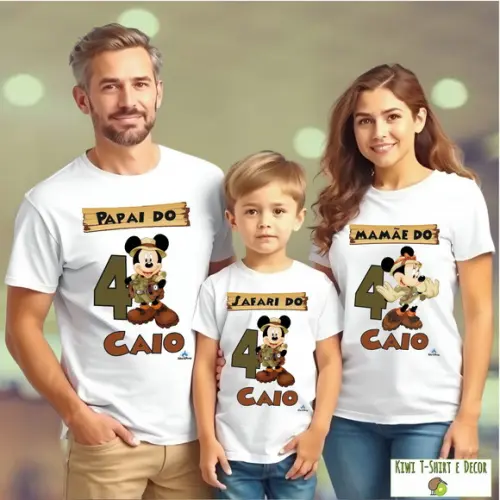 Camiseta Aniversário Festa Safari Mickey Kit com 3 Unidades