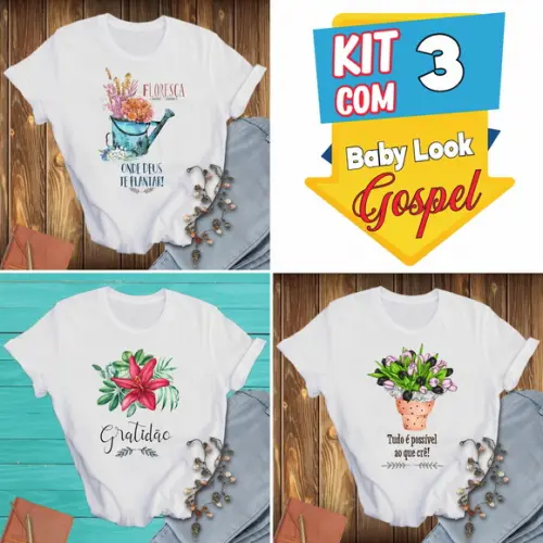 Camiseta Feminina Evangélica Kit com 3 Baby Look