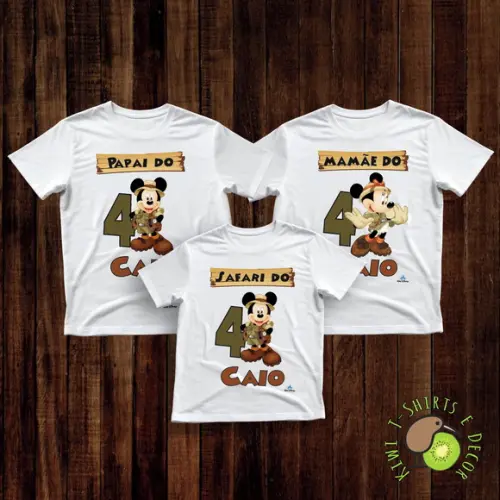 Camiseta Aniversário Festa Safari Mickey Kit com 3 Unidades