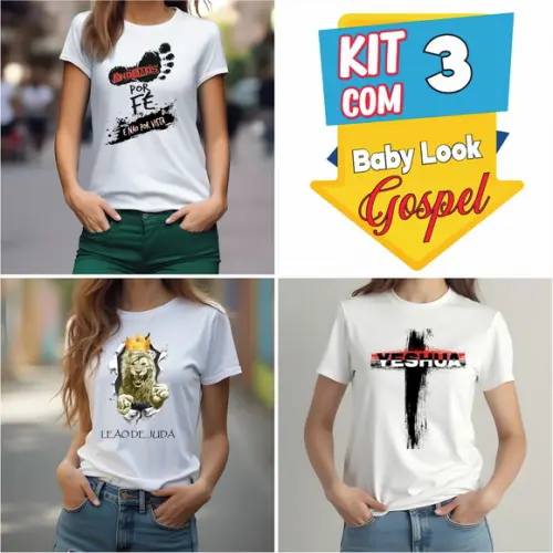Kit 3 Camisetas Femininas Evangélica Baby Look